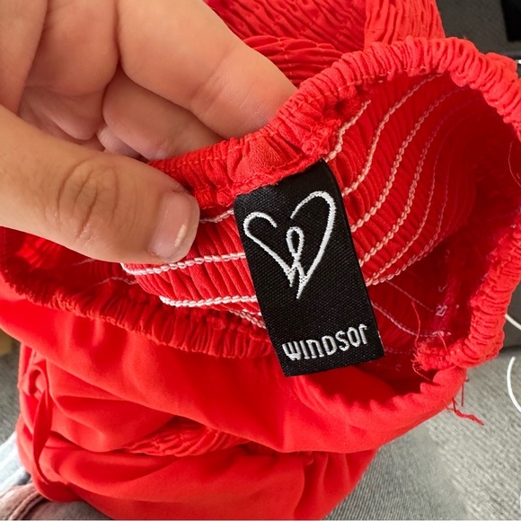 3/$20⚡️ Windsor Red Off The Shoulder Romper Flowy Arm Tie Ring The Alarm Smocked - Picture 3 of 12